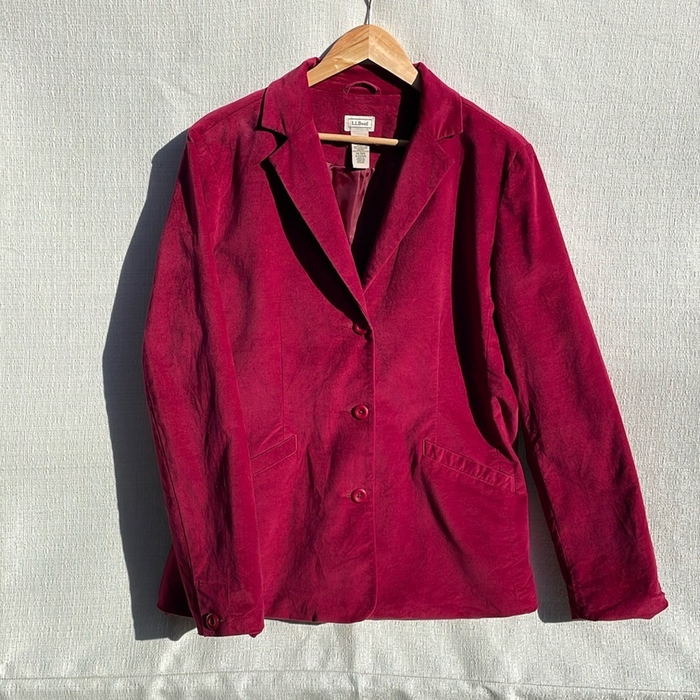LL Bean Womens Regular Red Velvet Blazer Lined Button Up Long Sleeves Size 14